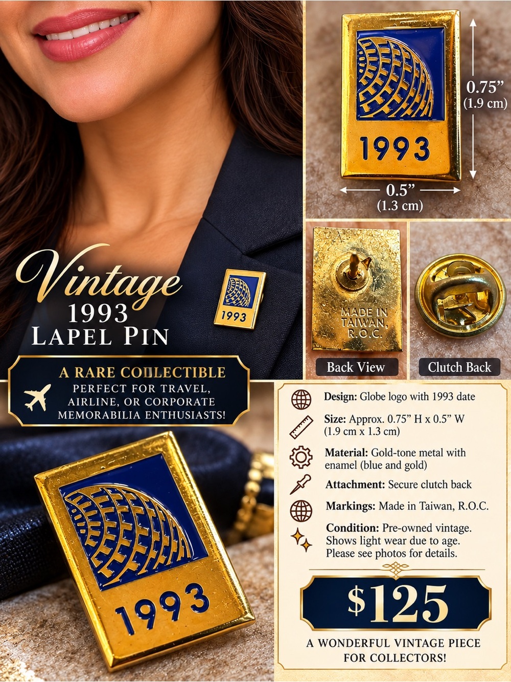 Vintage 1993 Blue and Gold Lapel Pin - Collectible Travel Accent